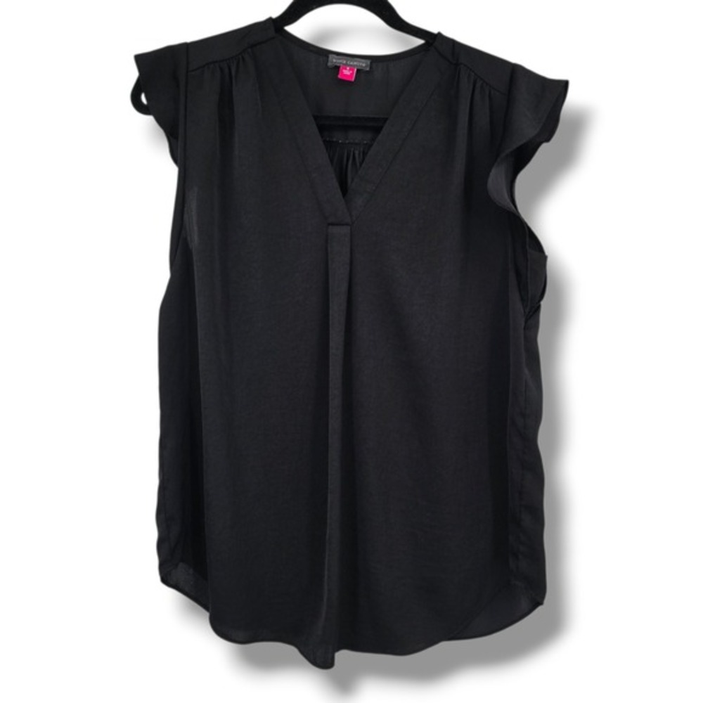 Vince Camuto Black Flutter Sleeve V-Neck Pleated Front Blouse Womens Small